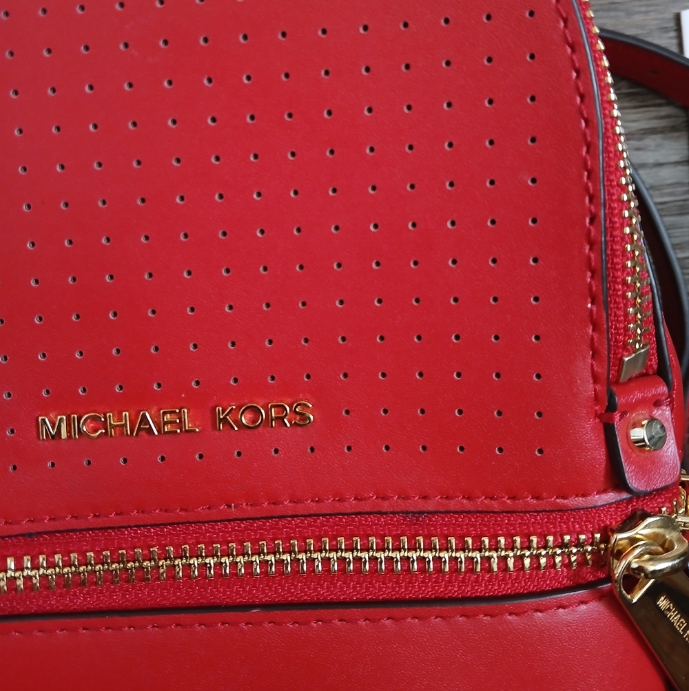 New Michael Kors Rhea Zip Mini Perforated Leather Backpack in Bright Red. - Picture 14 of 16
